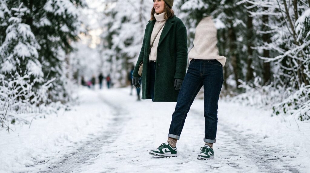 Grøn sneaker båret i sne og vinterlandskab.