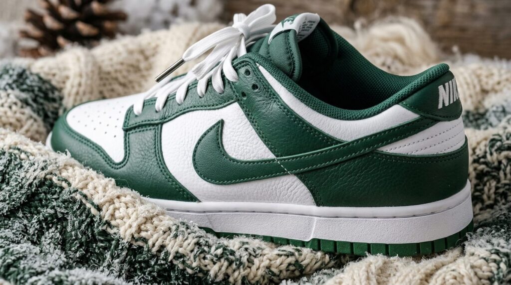 Detalje af sneaker med grønt og hvidt design.